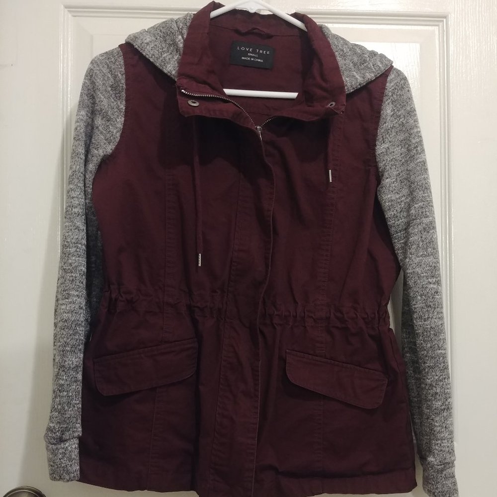 Love Tree maroon jacket with hood and sleeves